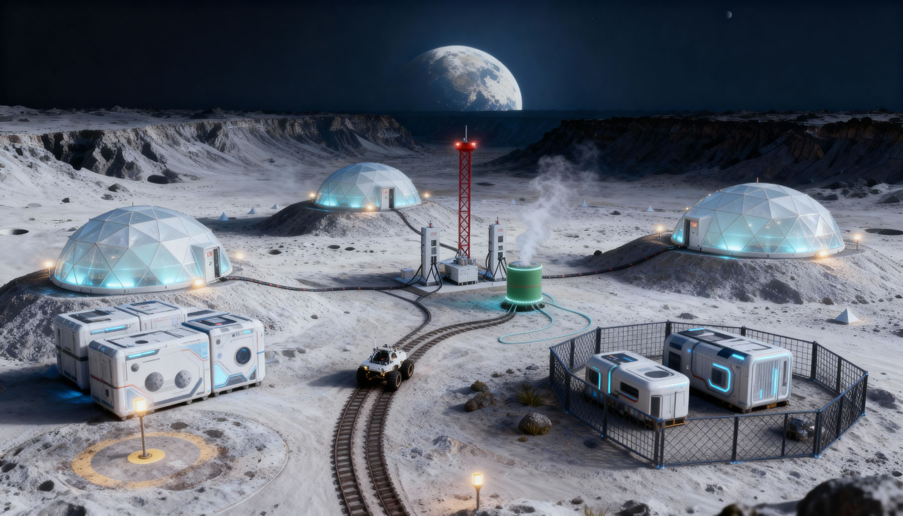 Lunar outpost with three geodesic pods.